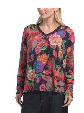 Johnny Was Vibrant Floral V-Neck Long Sleeve Top - Multicolor